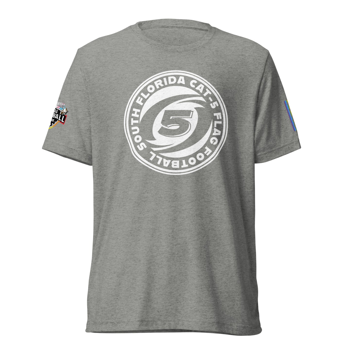 Cat-5 Primary Logo on chest | SFFFL + Pride Flag Logo on short sleeves