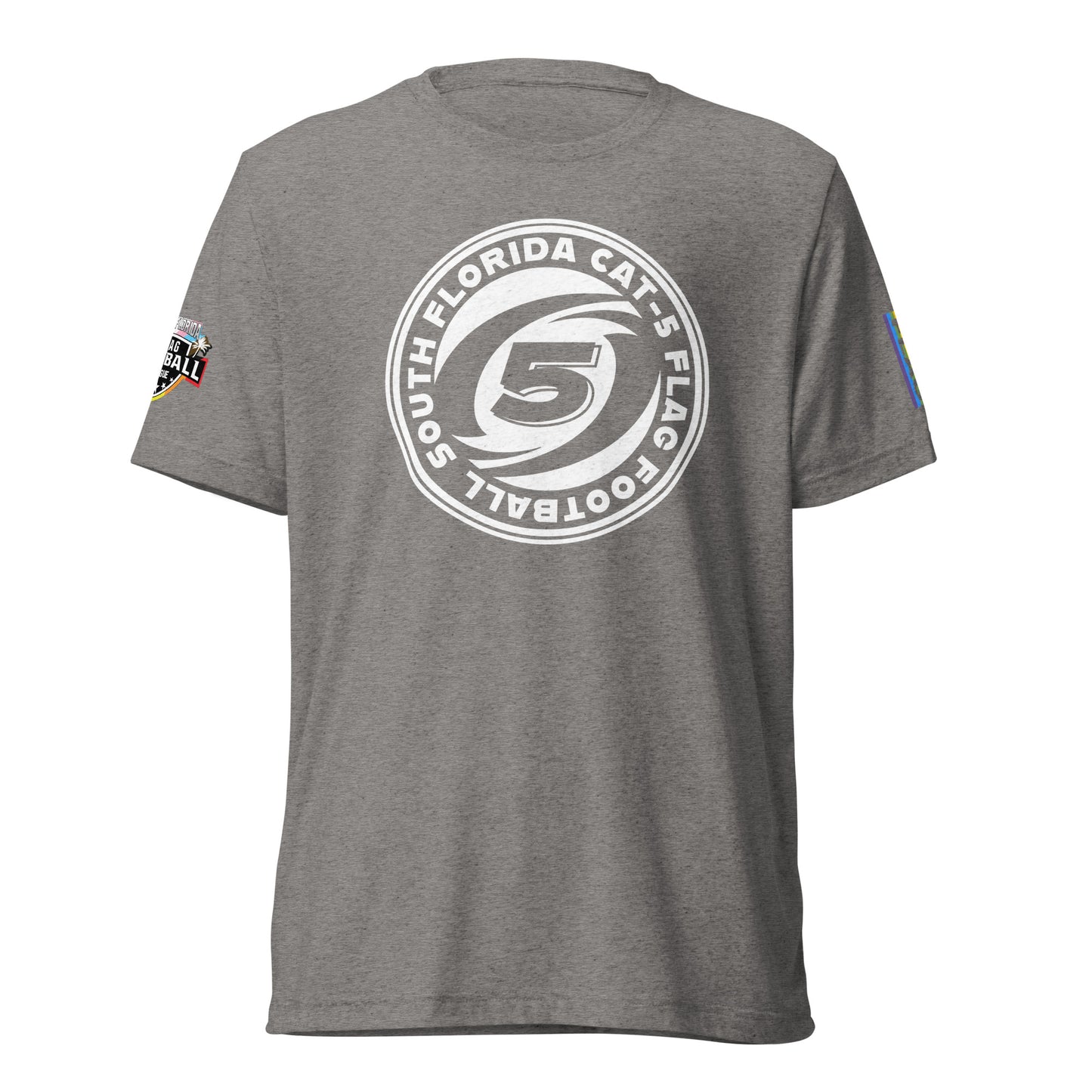 Cat-5 Primary Logo on chest | SFFFL + Pride Flag Logo on short sleeves